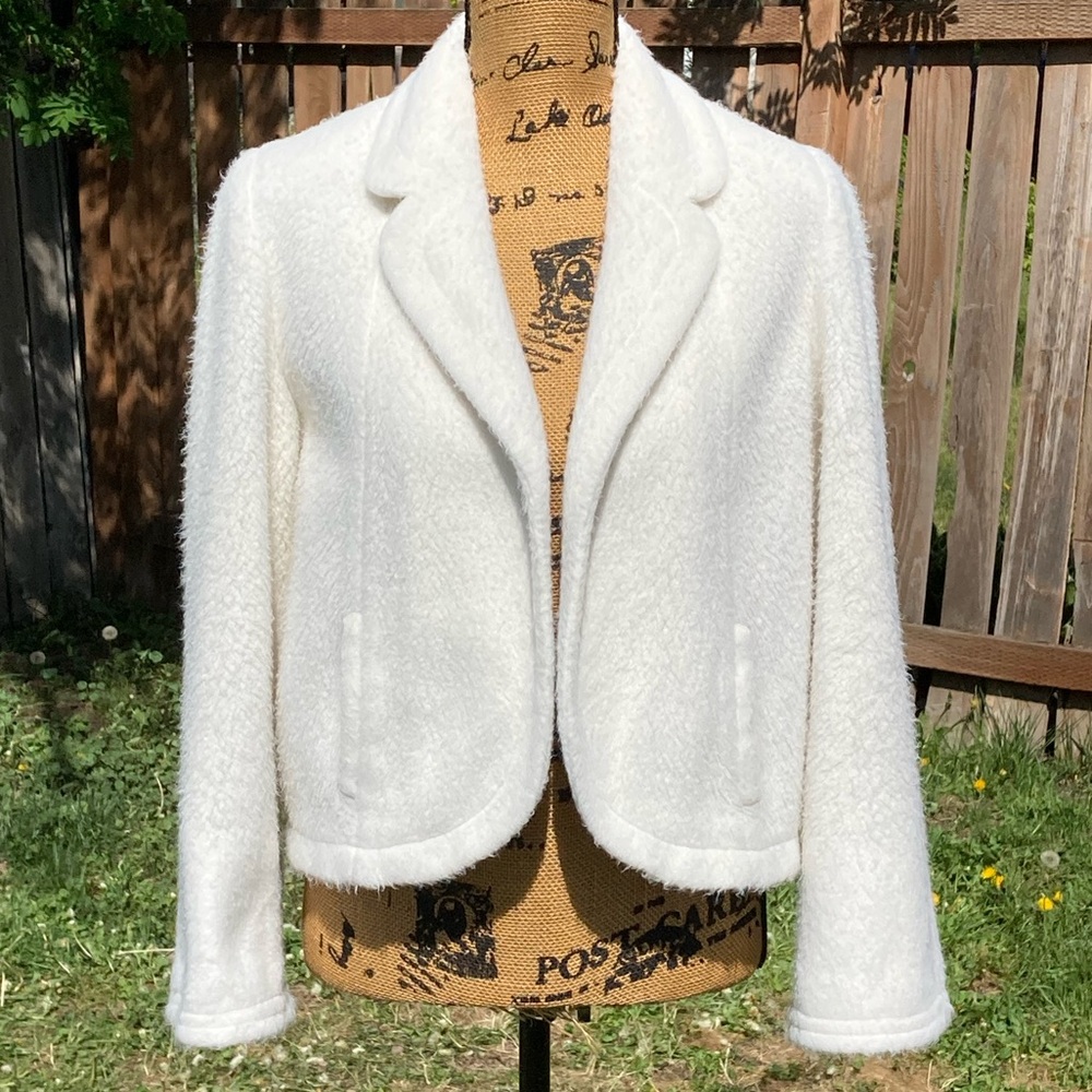 Vtg 1950s Donnybrook Orlon Featherlor Acrylic Cream Fuzzy Open Front Jacket S/M